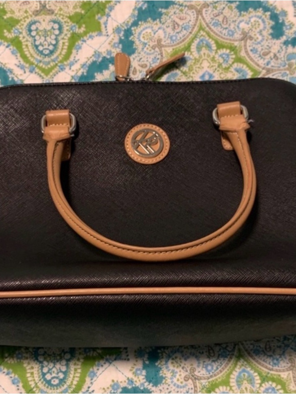 Kim Rogers Black Satchel with Tan Handles and Trim
